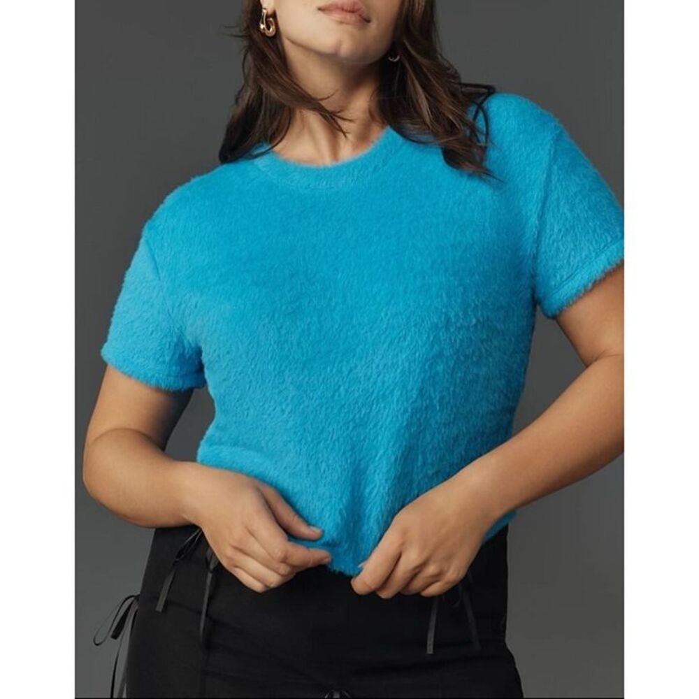 ANTHROPOLOGIE Eyelash Sweater Cozy Baby Tee Womens 1X Turquoise Blue Fuzzy NWT